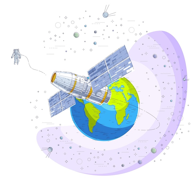 Vector estación espacial que vuela en vuelo orbital alrededor de la tierra, nave espacial con paneles solares, satélite artificial, rodeado de estrellas y otros elementos. ilustración de vector 3d de línea delgada.