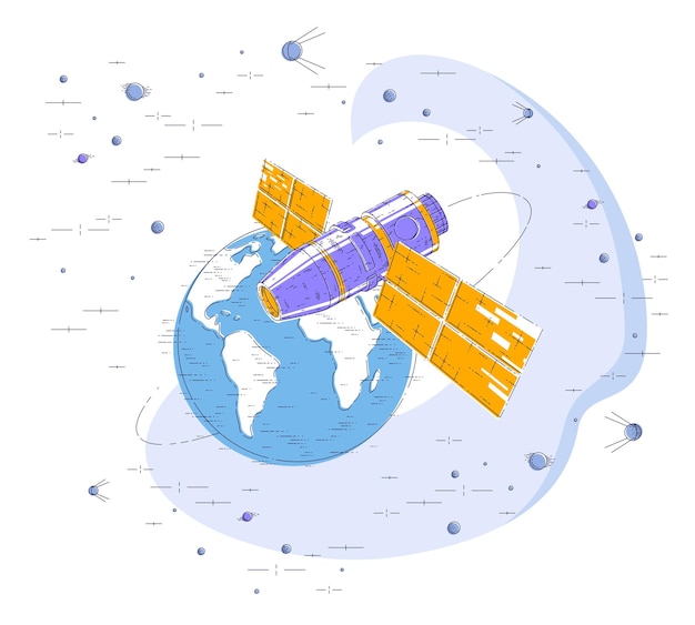 Estación espacial que vuela en vuelo orbital alrededor de la tierra, nave espacial con paneles solares, satélite artificial, rodeado de estrellas y otros elementos. ilustración de vector 3d de línea delgada.