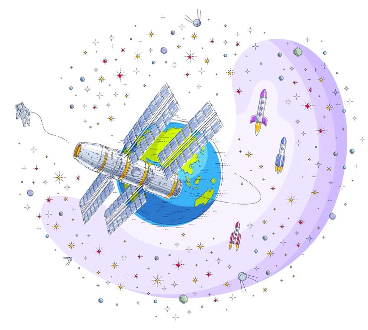 Vector estación espacial que vuela vuelos espaciales orbitales alrededor de la tierra, nave espacial iss nave espacial con paneles solares, satélite artificial, con cohetes, estrellas y otros elementos. ilustración de vector 3d de línea delgada.