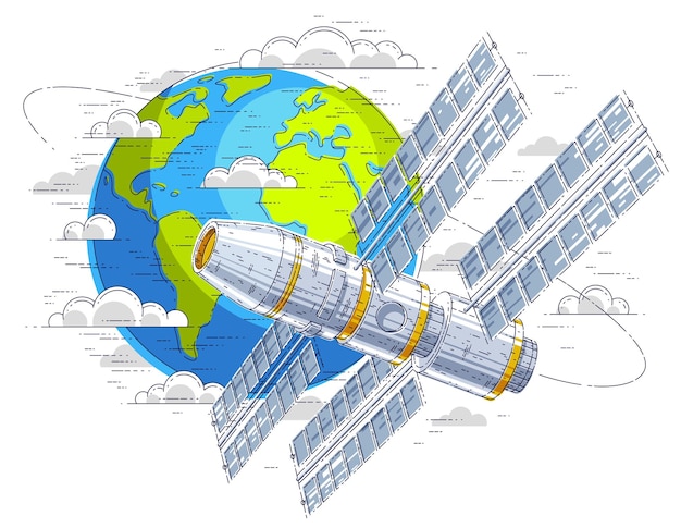 Estación espacial volando vuelo espacial orbital alrededor de la tierra, nave espacial iss nave espacial con paneles solares, satélite artificial. Ilustración de vector 3d de línea delgada.
