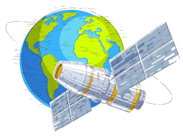 Estación espacial volando vuelo espacial orbital alrededor de la tierra, nave espacial iss nave espacial con paneles solares, satélite artificial. Ilustración de vector 3d de línea delgada.