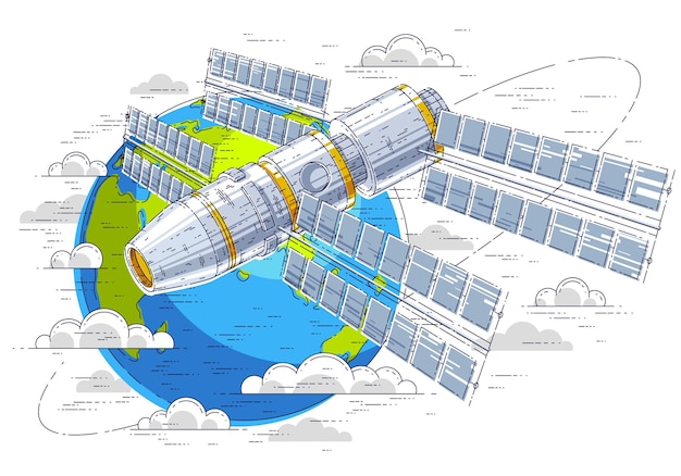 Vector estación espacial volando vuelo espacial orbital alrededor de la tierra, nave espacial iss nave espacial con paneles solares, satélite artificial. ilustración de vector 3d de línea delgada.