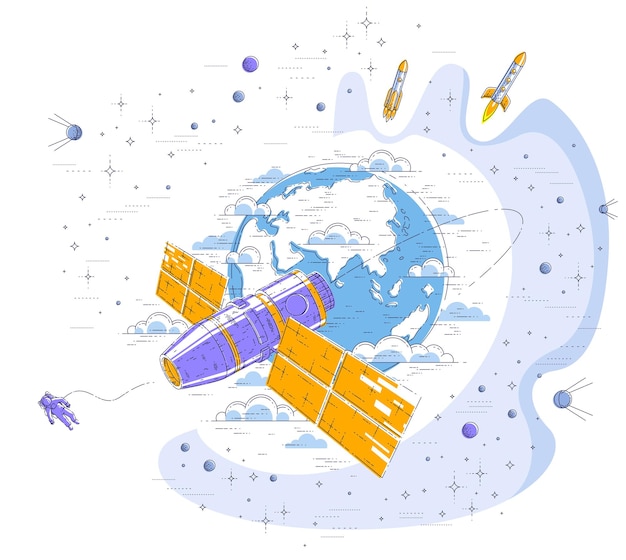 Vector estación espacial volando en vuelo orbital alrededor de la tierra, nave espacial iss con paneles solares, satélite artificial, con cohetes, estrellas y otros elementos. ilustración de vector 3d de línea delgada.