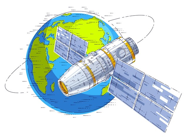 Estación espacial volando en vuelo orbital alrededor de la tierra, nave espacial iss con paneles solares, satélite artificial. Ilustración de vector 3d de línea delgada.