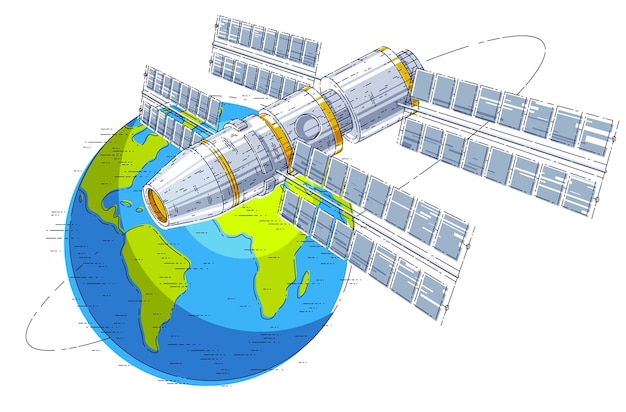 Estación espacial volando en vuelo orbital alrededor de la tierra, nave espacial iss con paneles solares, satélite artificial. Ilustración de vector 3d de línea delgada.