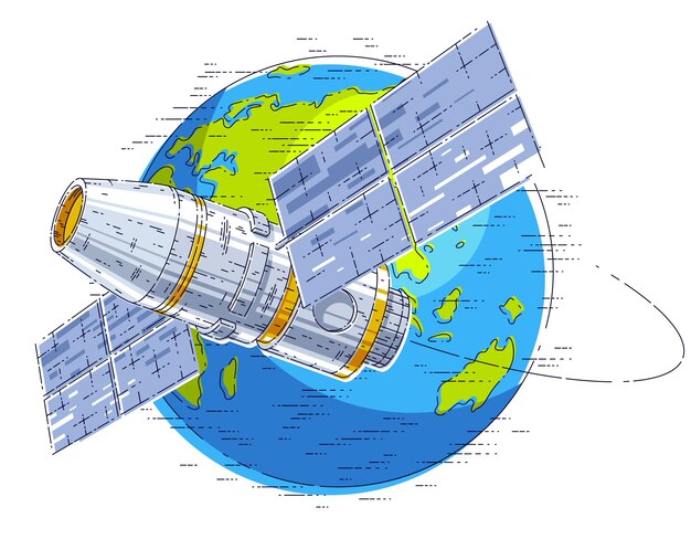 Estación espacial volando en vuelo orbital alrededor de la tierra, nave espacial iss con paneles solares, satélite artificial. Ilustración de vector 3d de línea delgada.