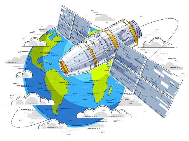 Estación espacial volando en vuelo orbital alrededor de la tierra, nave espacial iss con paneles solares, satélite artificial. Ilustración de vector 3d de línea delgada.