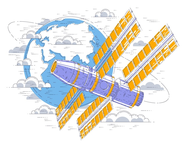 Estación espacial volando en vuelo orbital alrededor de la tierra, nave espacial iss con paneles solares, satélite artificial. Ilustración de vector 3d de línea delgada.