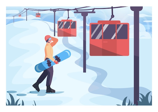 Estación de esquí de invierno, snowboarder se mete en un teleférico. Esquí y snowboard