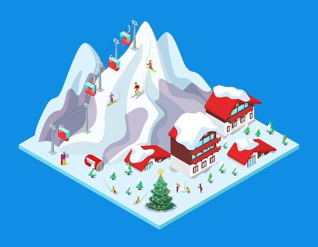 Estación de esquí isométrica con edificios de hoteles, montañas nevadas y ascensor. ilustración