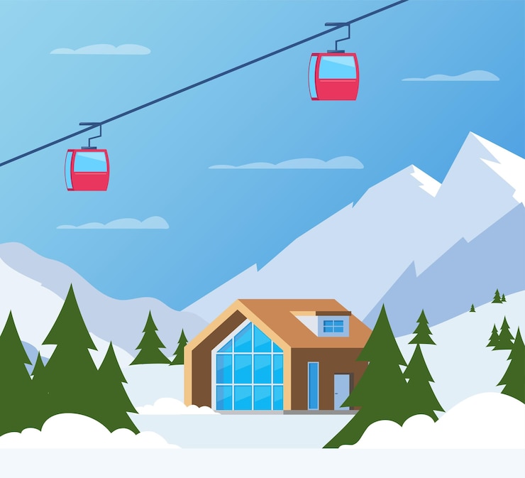 Vector estación de esquí paisaje de montaña de invierno con ascensor de esquí de alojamiento vacaciones deportivas de invierno