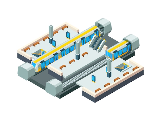 Estación de metro de la ciudad. Túnel de metro urbano con fondo de estación de baja poli isométrica de vector de tren de ferrocarril. Ciudad de tren y metro, estación de metro ilustración