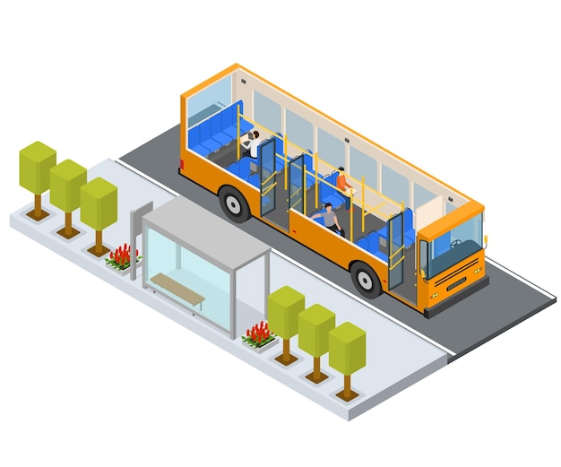 Estación de parada de autobús autobus con personas y asientos vector de vista isométrica