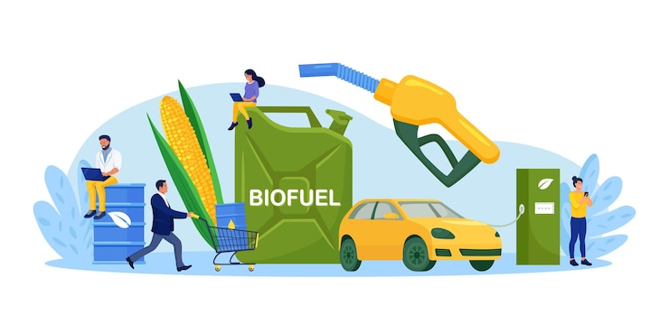 Vector estación de recarga de gasolina con biocombustibles para vehículos fuente de energía renovable derivada de materiales orgánicos reducción de emisiones de gases de efecto invernadero diésel verde alternativo cuidado del medio ambiente sostenibilidad