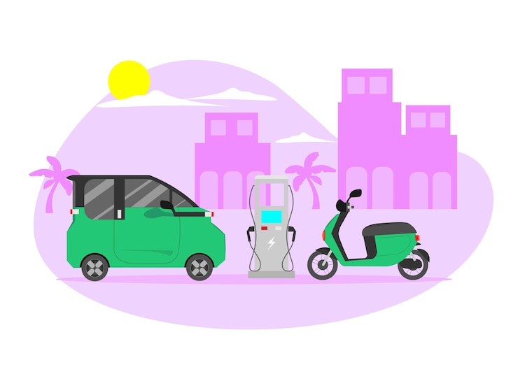 Vector estación de recarga de vehículos eléctricos. el coche verde eléctrico y el scooter se están cargando en la estación.