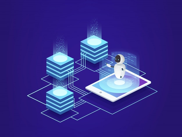 Estación de servidor, centro de datos. Tecnologías de la información digital bajo control de inteligencia artificial del robot utilizando un teléfono inteligente.