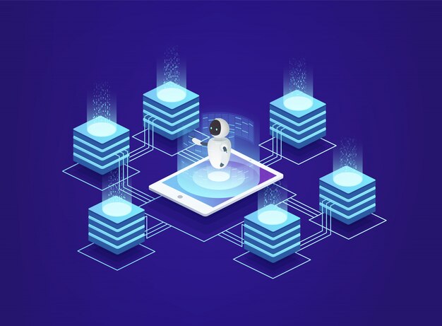 Estación de servidor, centro de datos. Tecnologías de la información digital bajo control de inteligencia artificial del robot utilizando un teléfono inteligente.