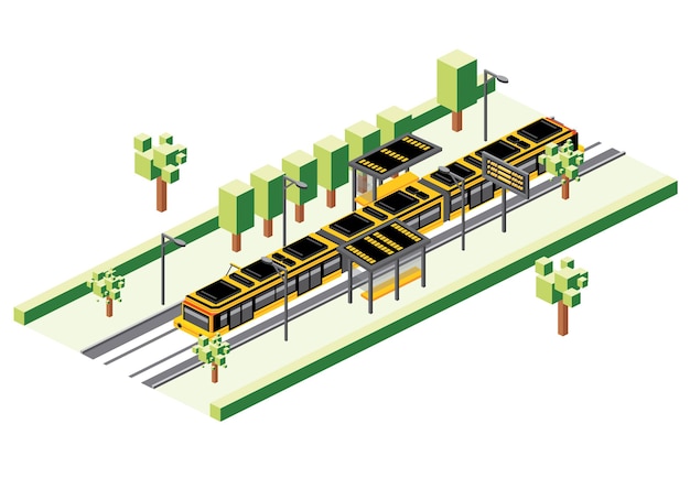 Estación de tranvía isométrica aislada en blanco. Ilustración de vector. Tren Eléctrico Ferroviario. Escena de la ciudad con carretera y árbol verde.