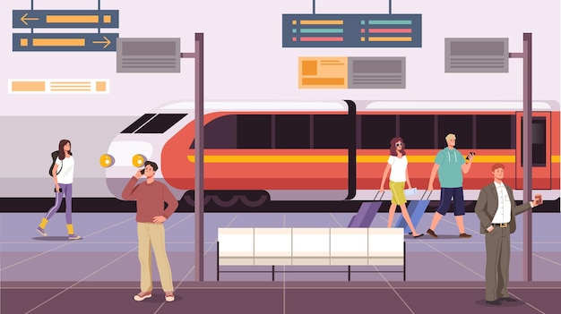 Una estación de tren con gente esperando el tren.
