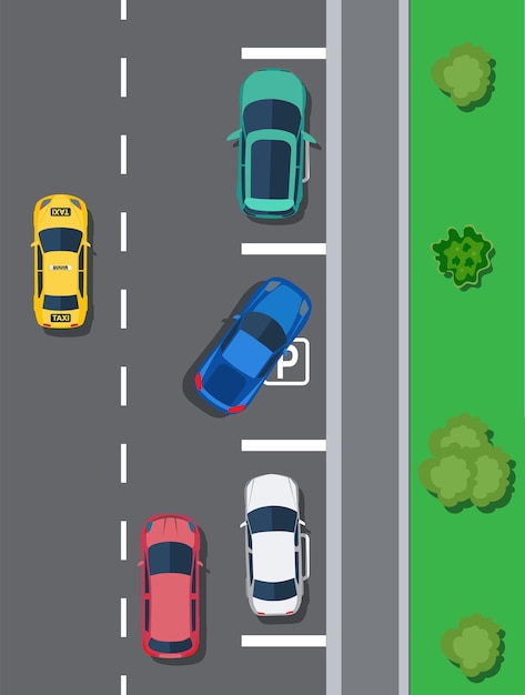 Estacionamiento de la ciudad con diferentes autos. Escasez de plazas de aparcamiento. Vista superior de la zona de estacionamiento con vehículos. Aparcamiento incorrecto o incorrecto. Regulaciones del tráfico. Reglas de la calle. Ilustración de vector de estilo plano
