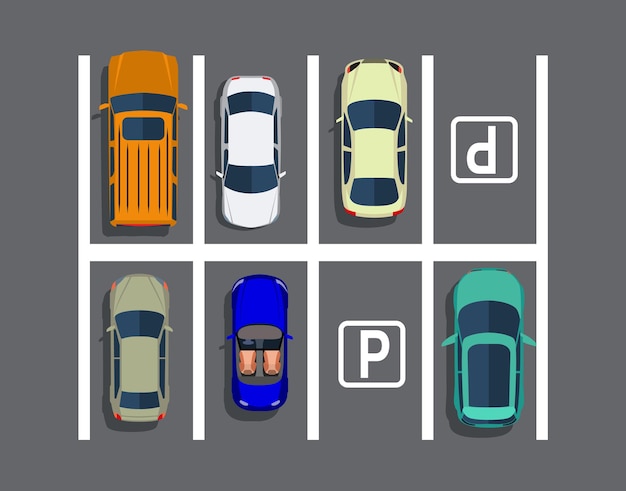 Vector estacionamiento de la ciudad con diferentes autos.
