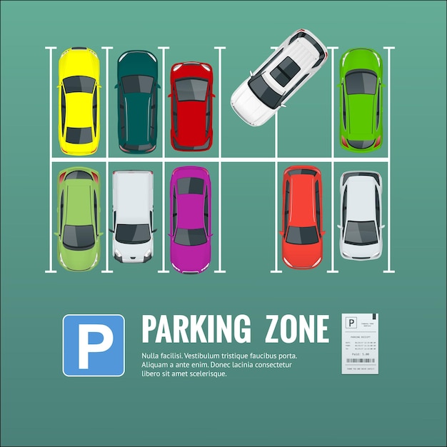 Estacionamiento de la ciudad de ilustración vectorial con un conjunto de autos diferentes. Aparcamiento público. Ilustración plana para web. Transporte urbano. Gran cantidad de autos en un estacionamiento abarrotado.