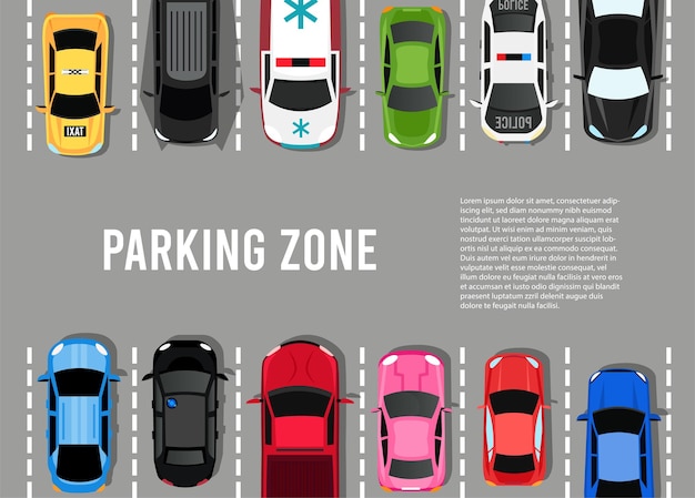 Estacionamiento de la ciudad de ilustración vectorial, estacionamiento público con un conjunto de autos diferentes