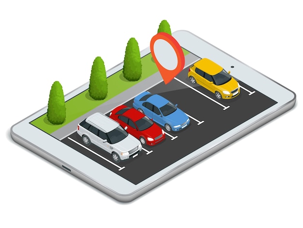 Estacionamiento mostrado en la computadora portátil. Dispositivo inalámbrico con dispositivo de aplicación de mapa localizador. Vector plano 3d ilustración isométrica de la ubicación del aparcamiento en el icono de internet de la tableta.