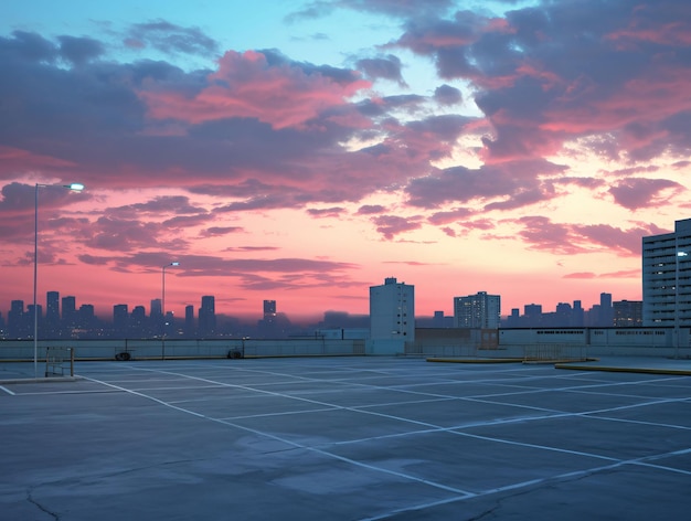 estacionamiento vacío con el paisaje urbano en el fondo en sunsetshanghai