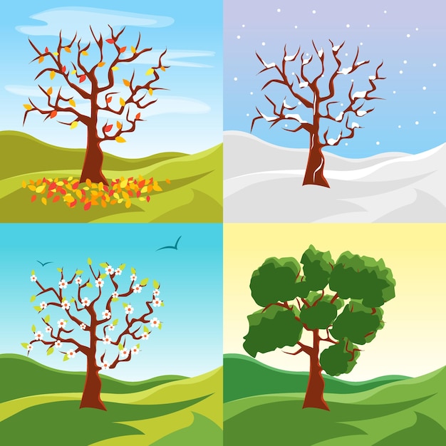 Estaciones de árboles de dibujos animados sobre un fondo de paisaje natural Escena de entorno de verano, primavera, invierno y otoño. Ilustración vectorial