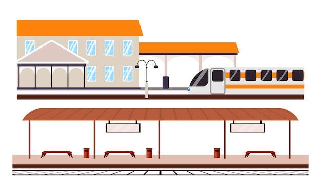 Estaciones ferroviarias en estilo de dibujos animados Ilustración vectorial de una hermosa estación ferroviaria con un edificio con ventanas un tren raíles bancos contenedores de basura postes de luz transporte de pasajeros y carga