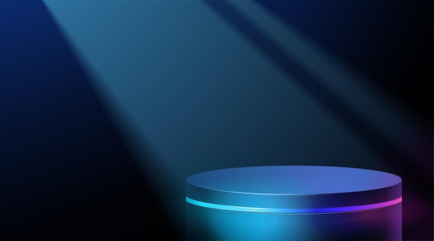 Estadio cibernético futurista con podio de neón azul 3D que brilla para la presentación de la exhibición de productos en la oscuridad