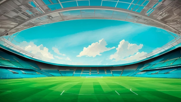 Vector estadio de fútbol con hierba verde y cielo azul ilustración vectorial