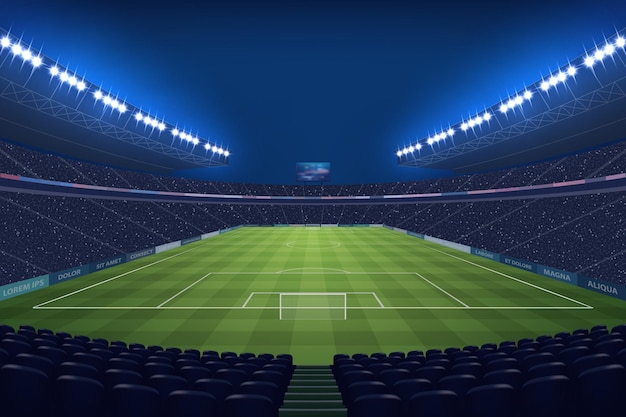 Vector estadio de fútbol moderno iluminado por reflectores por la noche