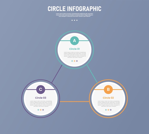 Estadio de infografía de círculo de 3 puntos o plantilla de paso con conexión de línea de estructura de triángulo de círculo para la presentación de diapositivas