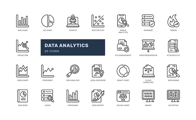Estadística de análisis de datos para la interpretación de grandes datos conjunto de iconos de líneas de esquema