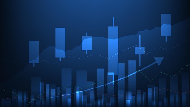 Estadística empresarial de antecedentes financieros con gráfico de barras y tendencia del mercado de valores de gráfico de velas