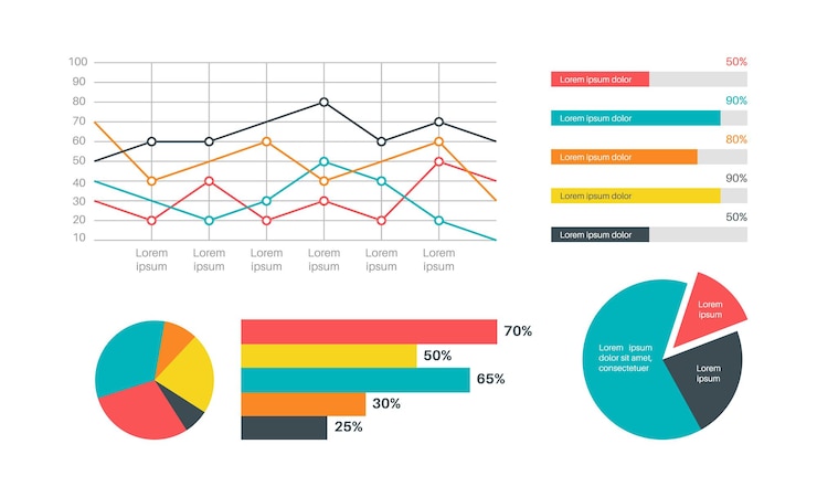 Vector estadística de marketing de infografías. diagrama financiero de presentación moderna, gráficos de análisis, progreso de la estructura y estadística del proceso, línea de tiempo y diagrama de flujo, conjunto aislado de vector de elementos visuales coloridos