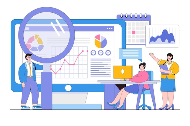 Estadísticas de análisis de datos planos para la inversión en finanzas empresariales en el concepto de panel de control gráfico del monitor Ilustración de vector mínimo de estilo de diseño de esquema