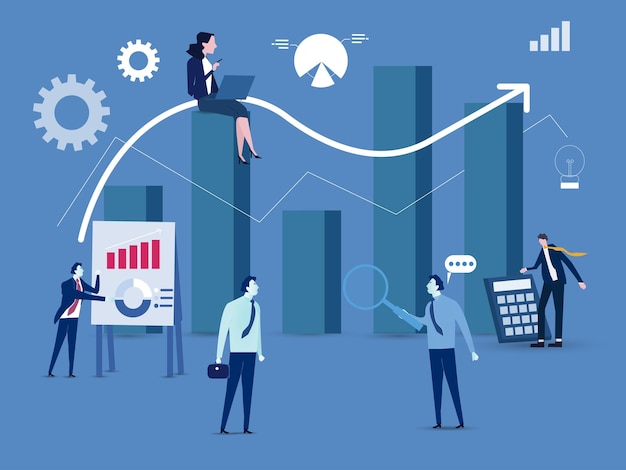 Estadísticas científicas, pantalla táctil de caracteres pequeños y columnas grandes, gráfico de datos de análisis de gestión de proyectos, soluciones tecnológicas de alta tecnología con gráficos de desarrollo, ilustración vectorial de personas de dibujos animados