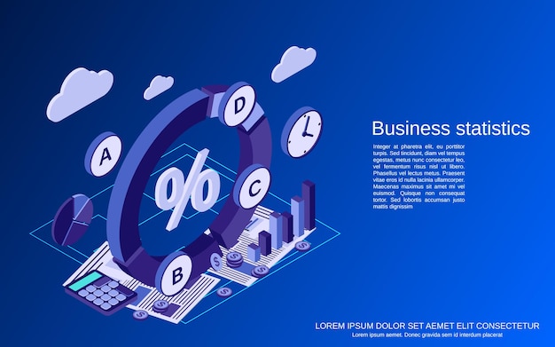 Estadísticas comerciales, ilustración de concepto de vector plano isométrico de informe financiero