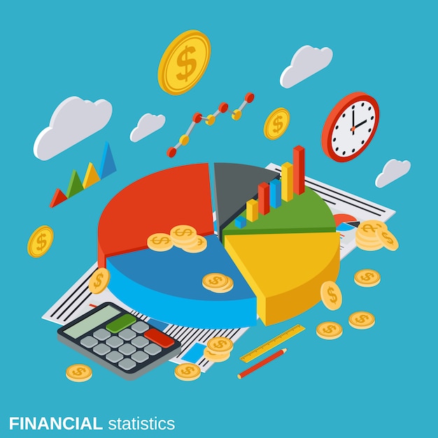 Estadísticas financieras planas vector concepto isométrico