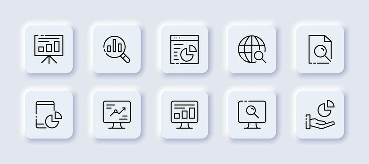 Estadísticas Rotafolio gráfico de barras gráfico lupa gráfico sitio web búsqueda en Internet investigación computadora documento teléfono mano Concepto de negocio Neomorfismo Vector icono de línea para negocios