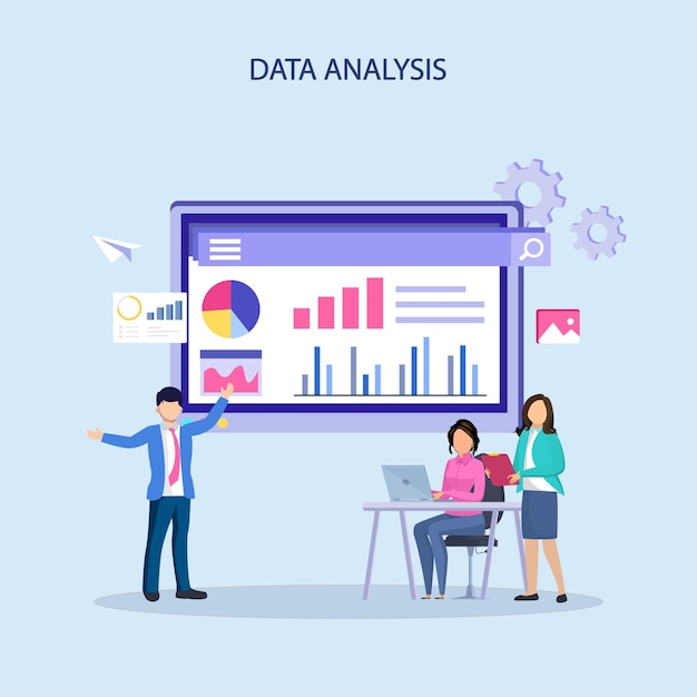 Vector estadísticas de vectores de ilustración de análisis de datos para el concepto de inversión de finanzas empresariales en el tablero de instrumentos del gráfico del monitor