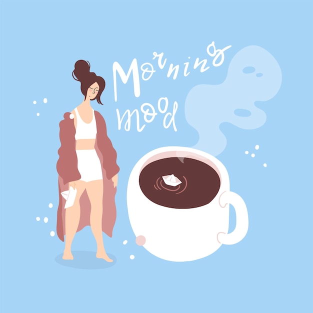 Vector estado de ánimo de la mañana hermosa mujer en la ropa de casa es feliz hoy barcos de papel en la taza de café ilustración del concepto