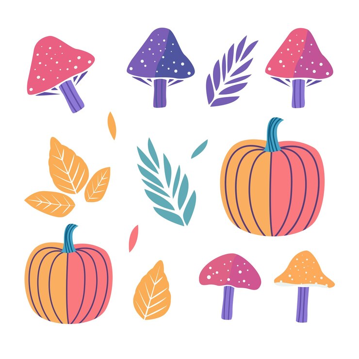 estado de ánimo de otoño varios hongos calabazas y hojas