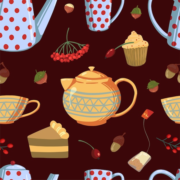 Estado de ánimo de otoño vector de patrones sin fisuras Otoño bayas teteras tazas panadería casera Ornamento abstracto en estilo de dibujos animados Diseño para fondo papel tapiz decoración textil