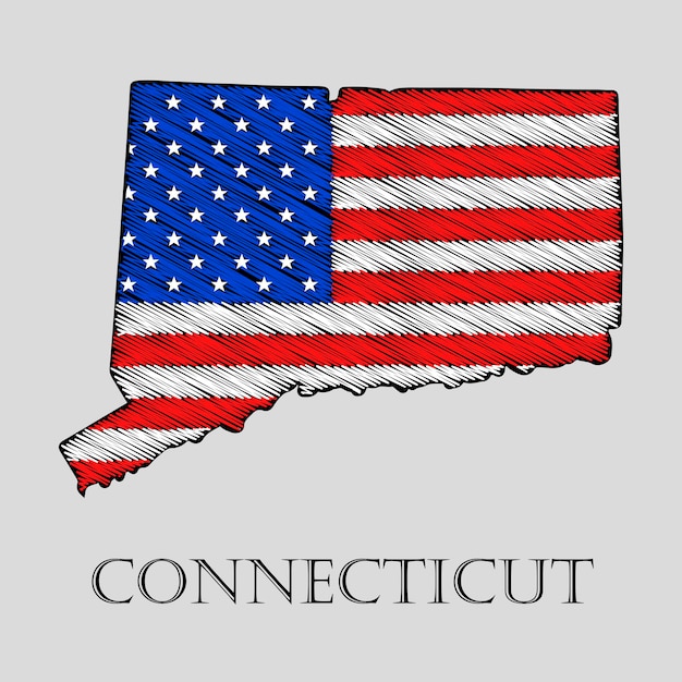 Estado de Connecticut en estilo garabato - ilustración vectorial. Mapa plano abstracto de Connecticut con la imposición de la bandera estadounidense.