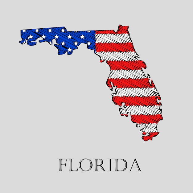 Estado de florida en estilo garabato - ilustración vectorial. mapa plano abstracto de florida con la imposición de la bandera estadounidense.