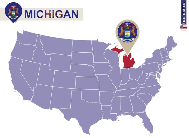 Estado de michigan en el mapa de estados unidos. bandera y mapa de michigan. nuestros estados.